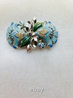 Vtg CORO Blue Enamel & Rhinestone Lotus Flower Duette Brooch! Pat # 1798867