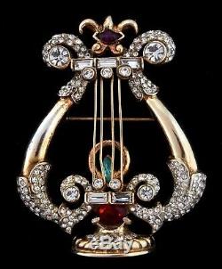 Vtg CORO Sterling Vermeil Rhinestone LYRE Harp Figural Brooch Pin BOOK PIECE