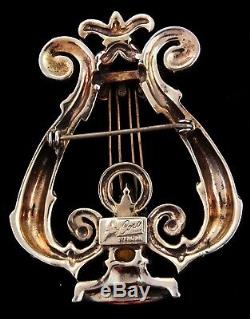 Vtg CORO Sterling Vermeil Rhinestone LYRE Harp Figural Brooch Pin BOOK PIECE