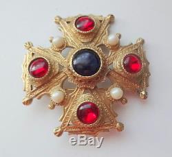 Vtg Cabachon Gripoix Mogul Rhinestone Pearls Large Maltese Cross Pin Brooch Rare