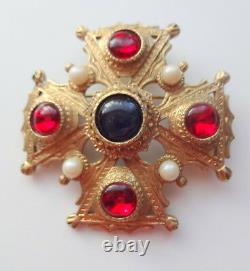 Vtg Cabachon Gripoix Mogul Rhinestone Pearls Large Maltese Cross Pin Brooch Rare