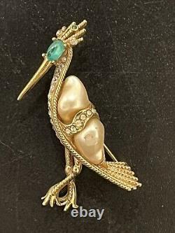 Vtg Ciner Brooch Bird Heron Pearl Clear Rhinestones Cabochon Signed Rare