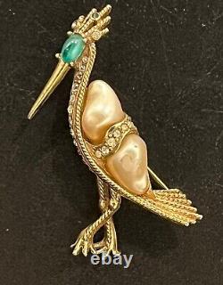 Vtg Ciner Brooch Bird Heron Pearl Clear Rhinestones Cabochon Signed Rare