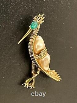 Vtg Ciner Brooch Bird Heron Pearl Clear Rhinestones Cabochon Signed Rare