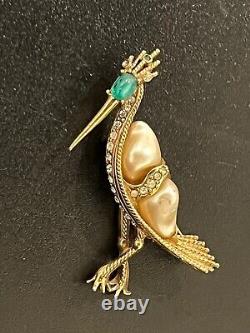 Vtg Ciner Brooch Bird Heron Pearl Clear Rhinestones Cabochon Signed Rare