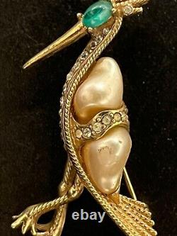 Vtg Ciner Brooch Bird Heron Pearl Clear Rhinestones Cabochon Signed Rare