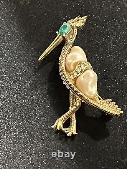 Vtg Ciner Brooch Bird Heron Pearl Clear Rhinestones Cabochon Signed Rare