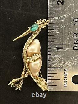 Vtg Ciner Brooch Bird Heron Pearl Clear Rhinestones Cabochon Signed Rare