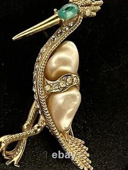 Vtg Ciner Brooch Bird Heron Pearl Clear Rhinestones Cabochon Signed Rare