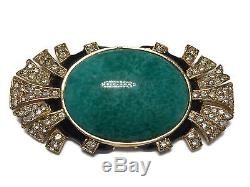 Vtg Ciner Brooch Green Peking Glass Art Deco Style Goldtone Rhinestone Enamel