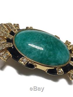 Vtg Ciner Brooch Green Peking Glass Art Deco Style Goldtone Rhinestone Enamel