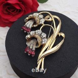 Vtg Coro Adolph Katz Red Clear Rhinestone Drooping Flower Gold Tone PIn Brooch