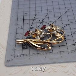Vtg Coro Adolph Katz Red Clear Rhinestone Drooping Flower Gold Tone PIn Brooch