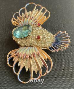 Vtg Coro-Craft ROCK FISH Sterling Enamel Brooch Pin Gold Toned Rhinestone
