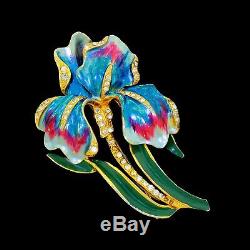 Vtg Coro Signed Rhinestone Enamel Iris Flower Pin Brooch Pink Blue 100% Orginal
