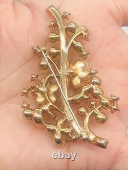 Vtg Crown TRIFARI 30s-50s Pearl & Clear Glass Rhinestone Flower Leaf Brooch Pin