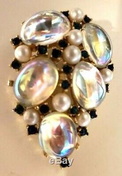 Vtg Crown TRIFARI A. PHILIPPE MOONSTONE Brooch with Pearls & Sapphire Rh-stones
