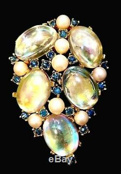 Vtg Crown TRIFARI A. PHILIPPE MOONSTONE Brooch with Pearls & Sapphire Rh-stones
