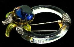 Vtg DEROSA Art Deco Glass Ring Floral Enamel Rhinestone Fur Pin Clip Brooch