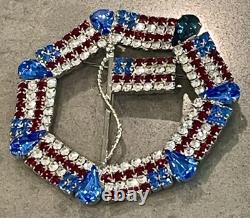 Vtg Dominique Red White (Clear) Blue Rhinestone Patriotic USA Flag Large Brooch