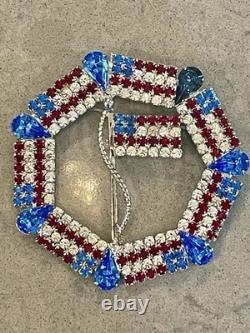 Vtg Dominique Red White (Clear) Blue Rhinestone Patriotic USA Flag Large Brooch