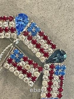 Vtg Dominique Red White (Clear) Blue Rhinestone Patriotic USA Flag Large Brooch