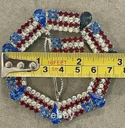 Vtg Dominique Red White (Clear) Blue Rhinestone Patriotic USA Flag Large Brooch