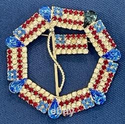 Vtg Dominique Red White (Clear) Blue Rhinestone Patriotic USA Flag Large Brooch