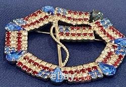 Vtg Dominique Red White (Clear) Blue Rhinestone Patriotic USA Flag Large Brooch