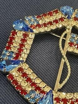 Vtg Dominique Red White (Clear) Blue Rhinestone Patriotic USA Flag Large Brooch