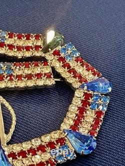 Vtg Dominique Red White (Clear) Blue Rhinestone Patriotic USA Flag Large Brooch