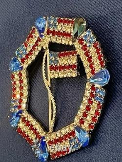 Vtg Dominique Red White (Clear) Blue Rhinestone Patriotic USA Flag Large Brooch