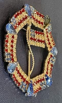 Vtg Dominique Red White (Clear) Blue Rhinestone Patriotic USA Flag Large Brooch