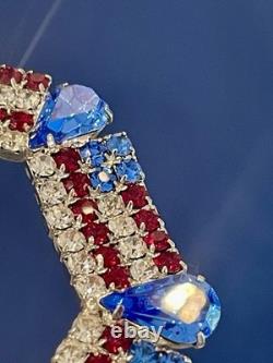 Vtg Dominique Red White (Clear) Blue Rhinestone Patriotic USA Flag Large Brooch
