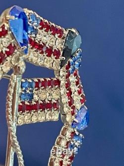 Vtg Dominique Red White (Clear) Blue Rhinestone Patriotic USA Flag Large Brooch