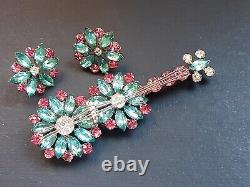 Vtg Estate Sterling Blue, Pink Rhinestone Guitar Brooch Earrings