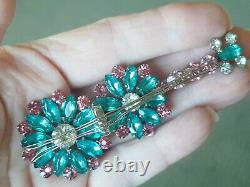 Vtg Estate Sterling Blue, Pink Rhinestone Guitar Brooch Earrings