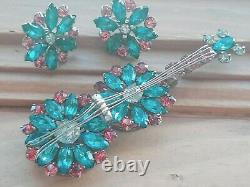 Vtg Estate Sterling Blue, Pink Rhinestone Guitar Brooch Earrings