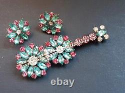 Vtg Estate Sterling Blue, Pink Rhinestone Guitar Brooch Earrings