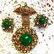 Vtg Florenza Crown Jewels Jade Pearl AB Rhinestone Crystal Pin Brooch Earrings