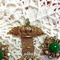 Vtg Florenza Crown Jewels Jade Pearl AB Rhinestone Crystal Pin Brooch Earrings