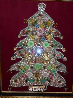 Vtg Framed Costume Jewelry Christmas Tree Pin Art Rhinestones Brooch Picture