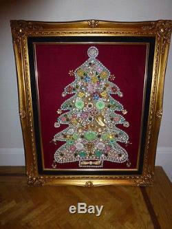 Vtg Framed Costume Jewelry Christmas Tree Pin Art Rhinestones Brooch Picture