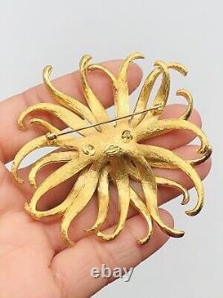 Vtg GIVENCHY Gold Tone Clear Rhinestone Sunflower Daisy Flower Brooch Pin