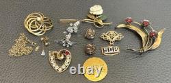 Vtg Gold Fill & Rhinestone Brooch Necklace Screw Back Pierced Earrings 61 Grams