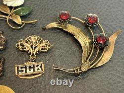 Vtg Gold Fill & Rhinestone Brooch Necklace Screw Back Pierced Earrings 61 Grams