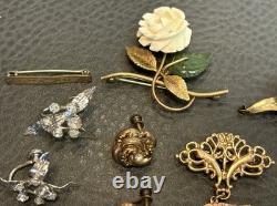 Vtg Gold Fill & Rhinestone Brooch Necklace Screw Back Pierced Earrings 61 Grams