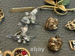 Vtg Gold Fill & Rhinestone Brooch Necklace Screw Back Pierced Earrings 61 Grams