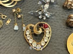 Vtg Gold Fill & Rhinestone Brooch Necklace Screw Back Pierced Earrings 61 Grams