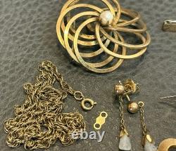 Vtg Gold Fill & Rhinestone Brooch Necklace Screw Back Pierced Earrings 61 Grams